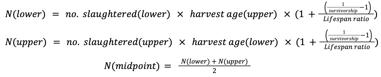 Mathematical equations showing formulas for calculating N(lower), N(upper), and N(midpoint) values.