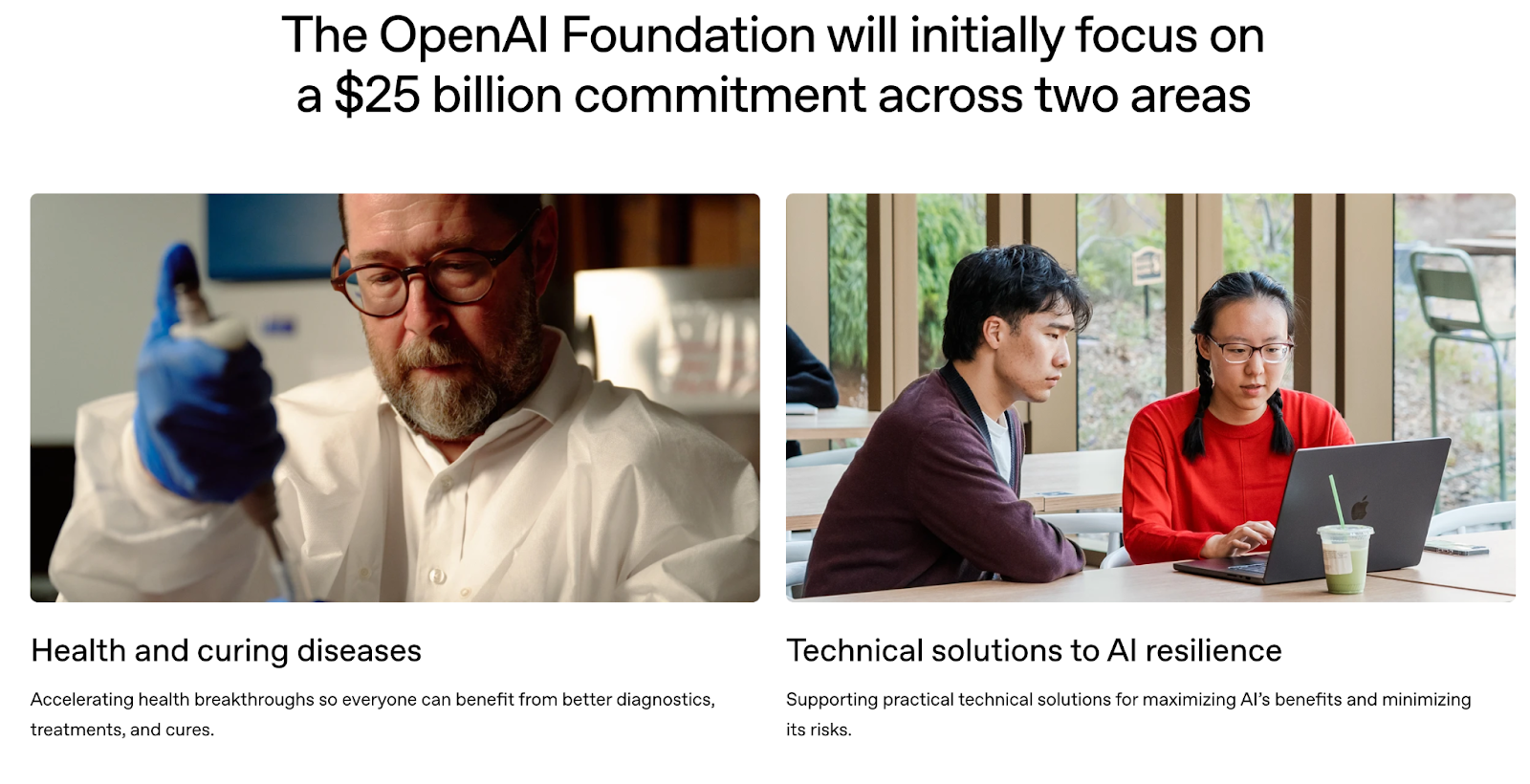 OpenAI Foundation announcement showing two focus areas with accompanying images and descriptions.