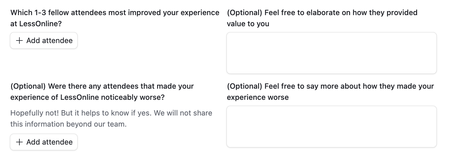 Form asking which attendees improved or worsened LessOnline experience.