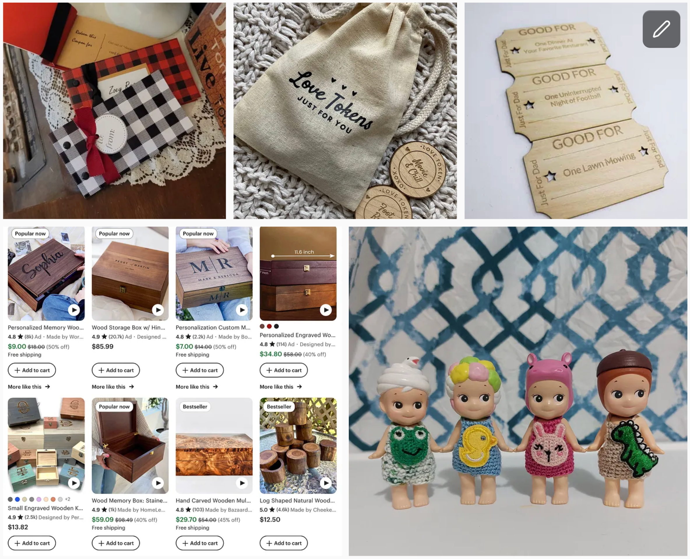 (i) plaid wrapped coupon book, (ii) tokens/coins, (iii) laser engraved, (iv) wooden chest that could contain scrolls or coins as tokens, (iv) dolls with removable heads that could have coupon scrolls placed within.
