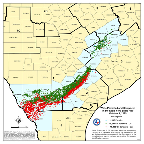 Each dot is a well in the Eagle Ford basin, one of several major US oil basins.
