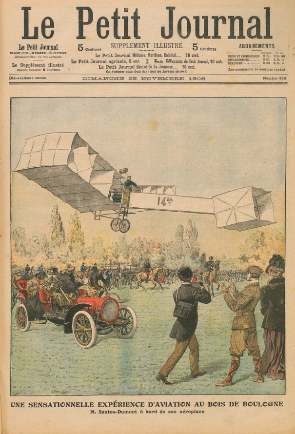 French newspaper front page showing early airplane demonstration at Bois de Boulogne.