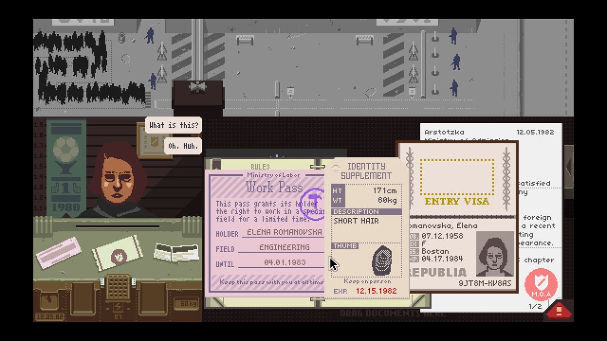Papers of Secrets video game showing work pass and entry visa documents.
