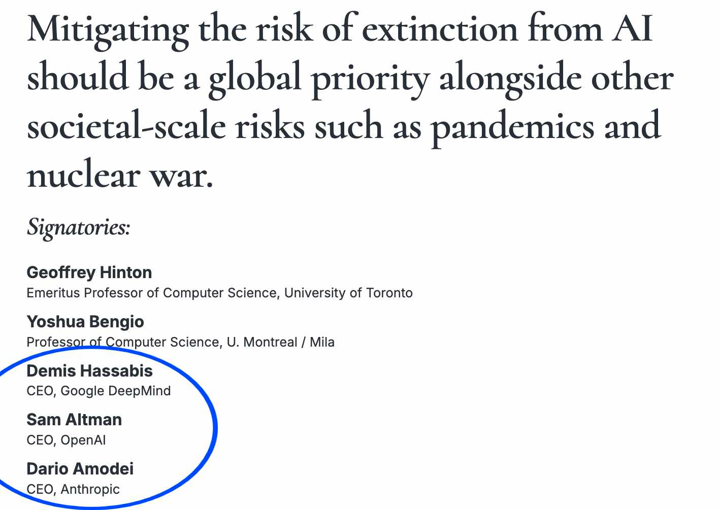 Statement about AI extinction risk with signatories from major AI organizations.