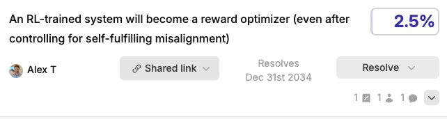 Prediction market question about RL systems becoming reward optimizers, resolving December 31st 2034.