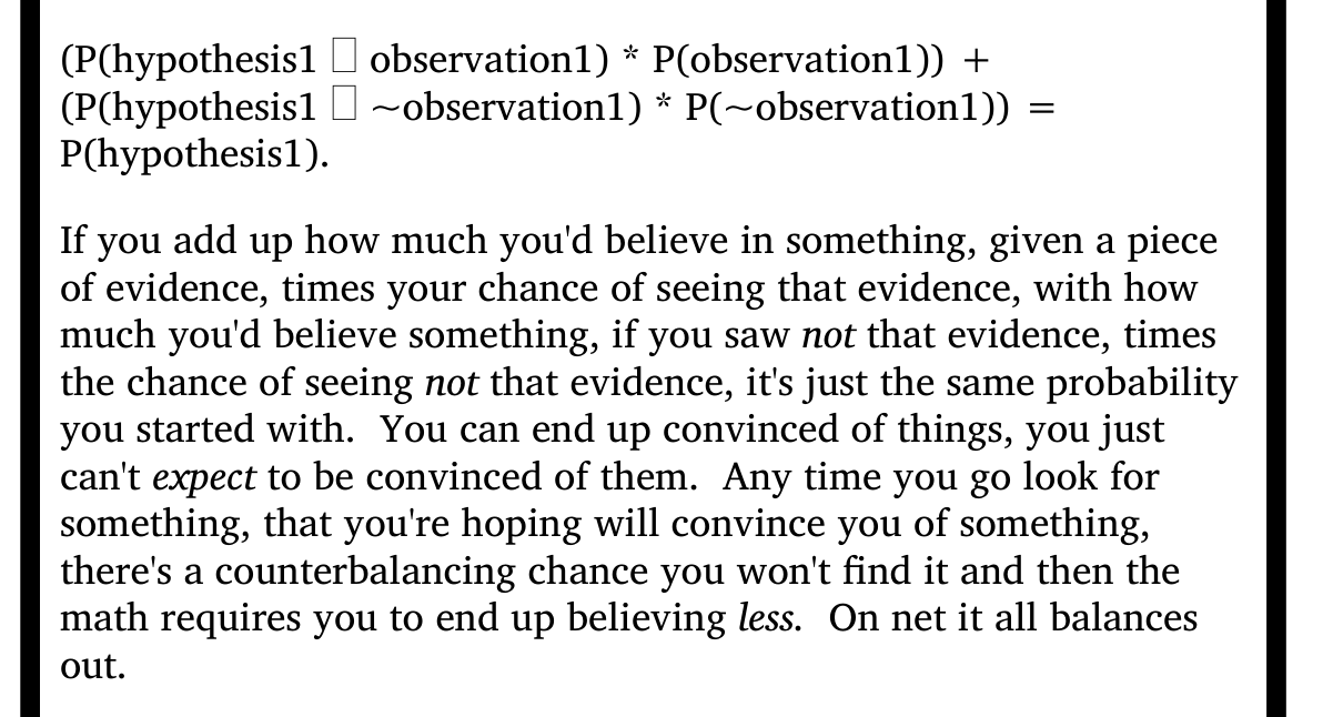 Mathematical equation and explanation of conservation of expected evidence in Bayesian reasoning.