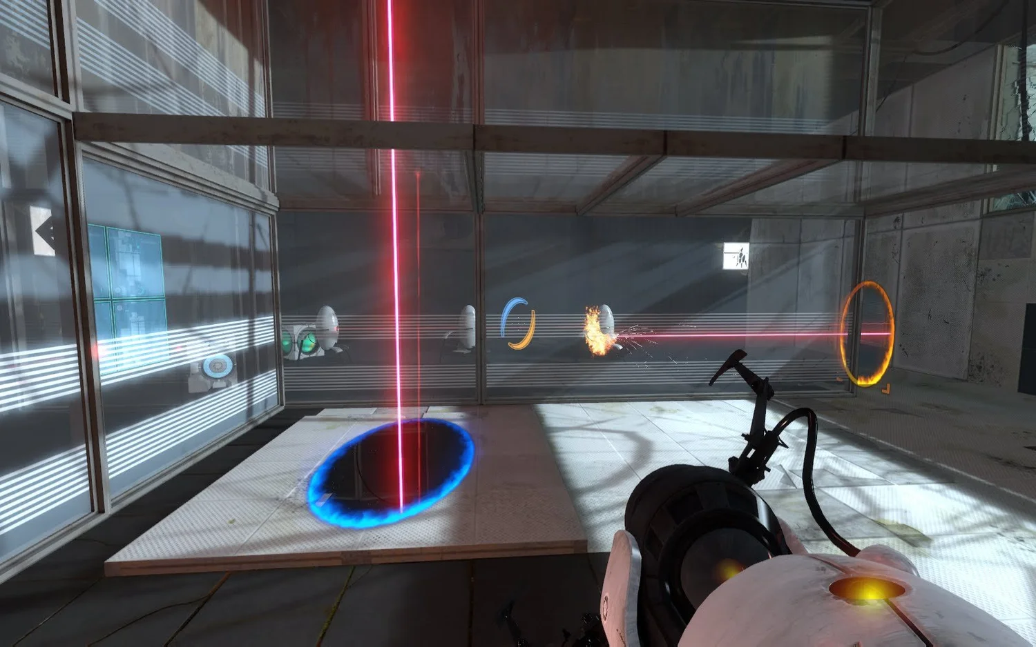 Portal 2 gameplay showing turrets, lasers, and colored portals.