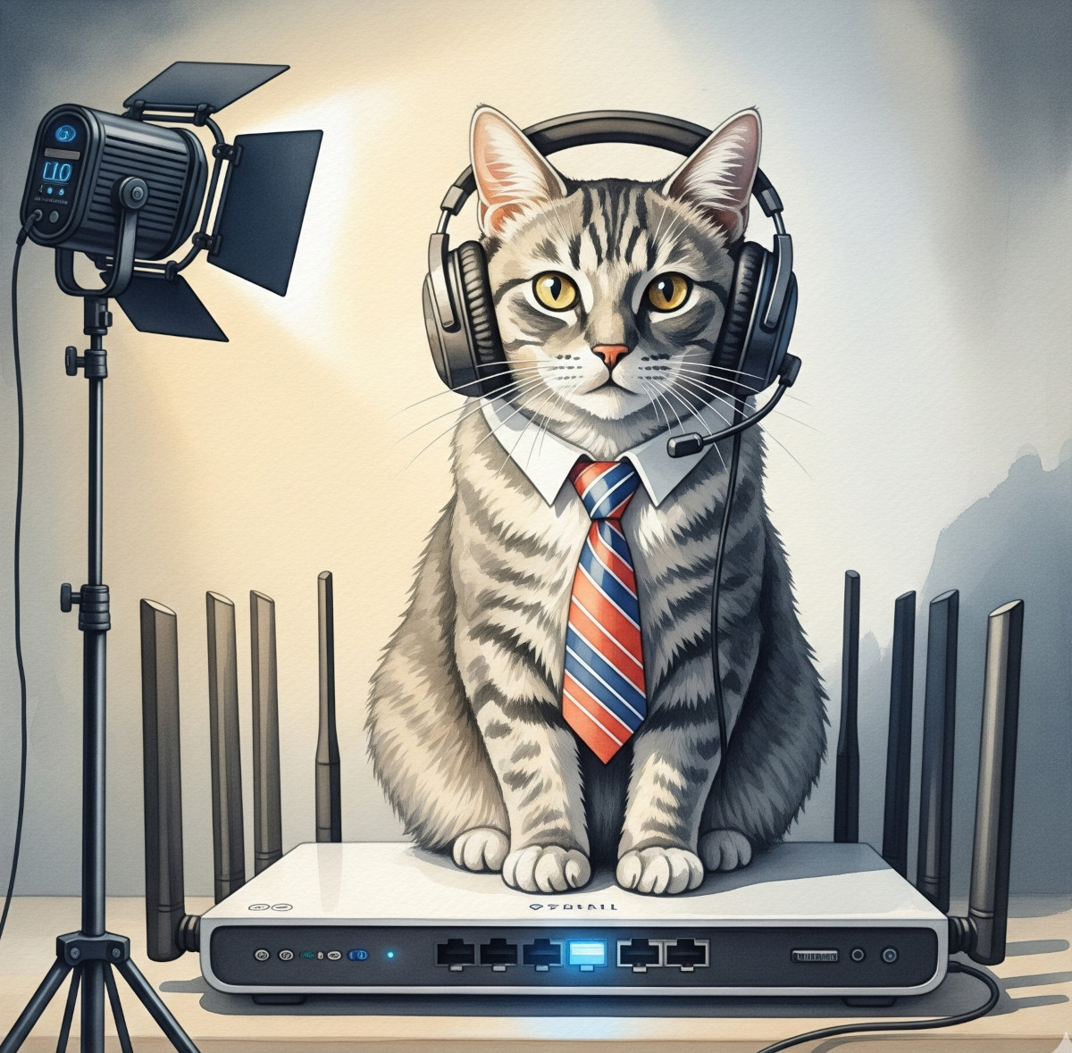 An AI-generated watercolor image of a cat wearing a tie and a gaming head set, sitting on a WiFi router with 8 antennas. There is a key light in front of the cat illuminating its face.