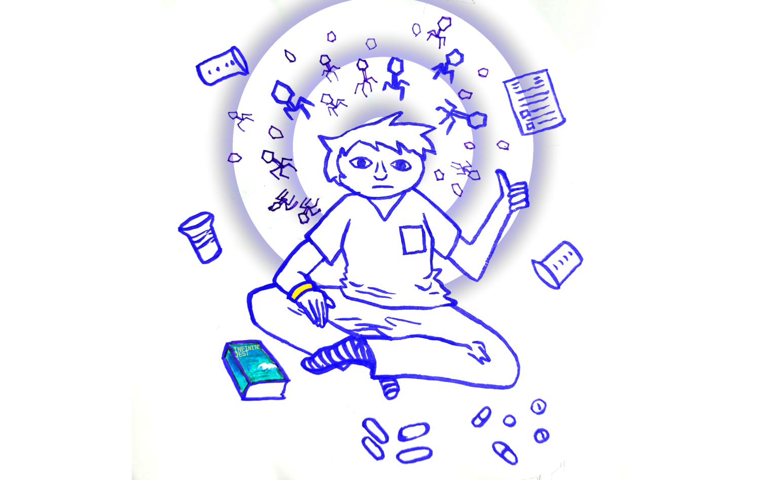 Drawing of the author in scrubs surrounded by a halo of bacteriophages and orbiting beakers, a cup, a paper form, pills, bacillus bacteria, and Infinite Jest.