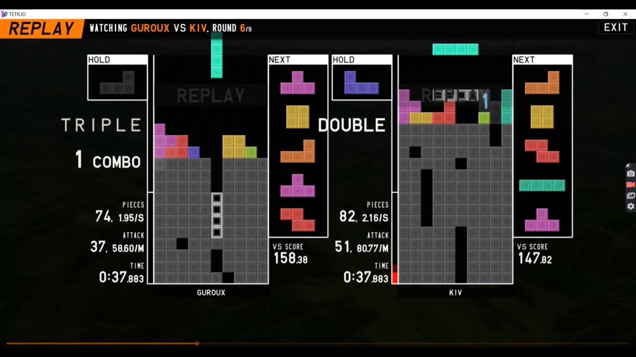 Tetris game replay showing match between Guroux and KIV in round 6 of 9.