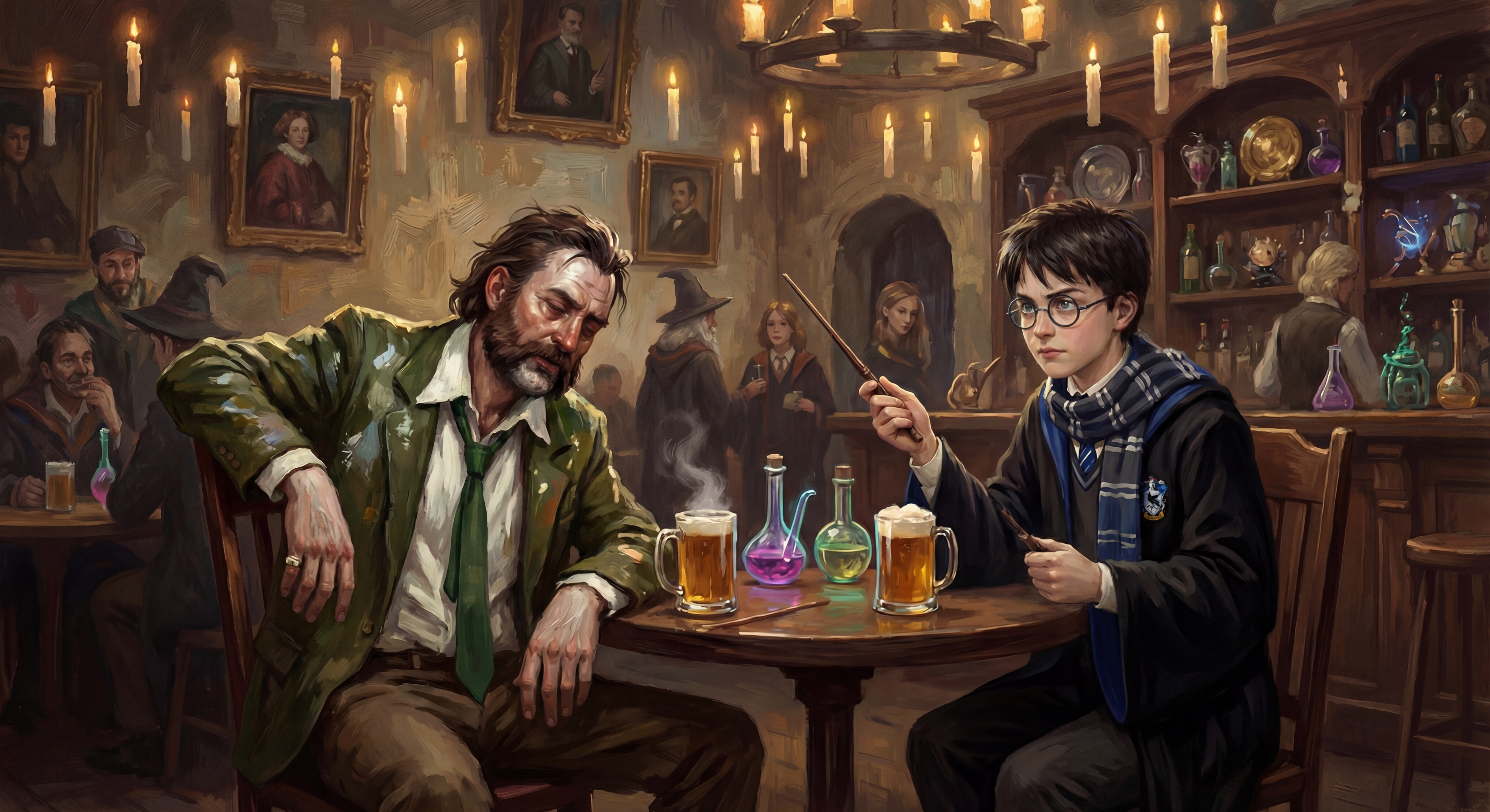 Young wizard with wand sitting across from bearded man in magical tavern.